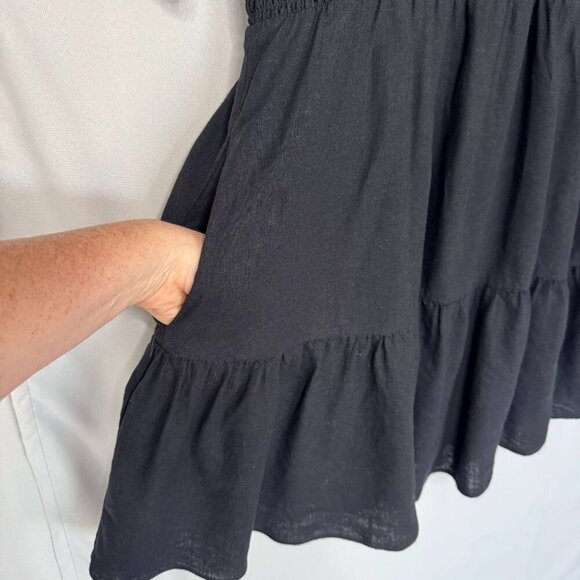 Madewell Black Linen-Blend Lucie Short Puff Sleeve Smocked Mini Dress Size L - Picture 6 of 15